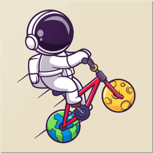 Cute Astronaut Riding Bicycle With Moon And Earth Wheel  Cartoon Posters and Art